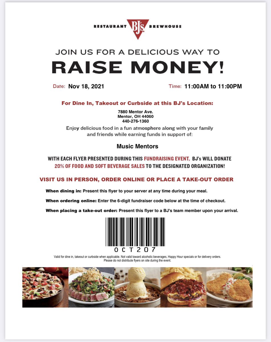 musicmentorsmhs's tweet photo. Dine to donate at Bj’s Brewhouse in Mentor on November 18th from 11 am - 11 pm. Proceeds benefit Music Mentors! Dine in , carry out or order online! https://t.co/mqiWOvayfq