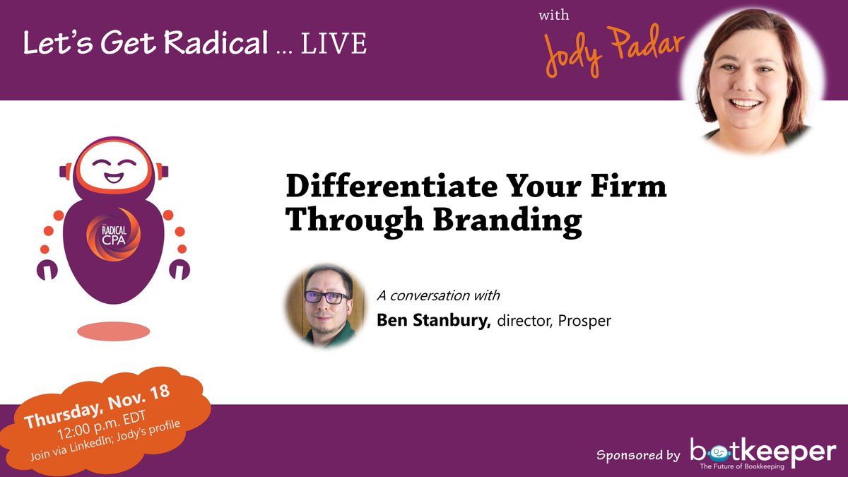JodyPadarCPA's tweet photo. Join me live tomorrow (11/18) at 12 EST!
If you ever wondered why your #accounting firm needs to invest in its brand or when a rebrand might be needed (and why), tomorrow's #letsgetradical live is for you! Thanks to sponsor @b0tkeeper.
#CPAfirms #AAMKT #cpamarketing #cpabrand https://t.co/Q6YvHQhxLN