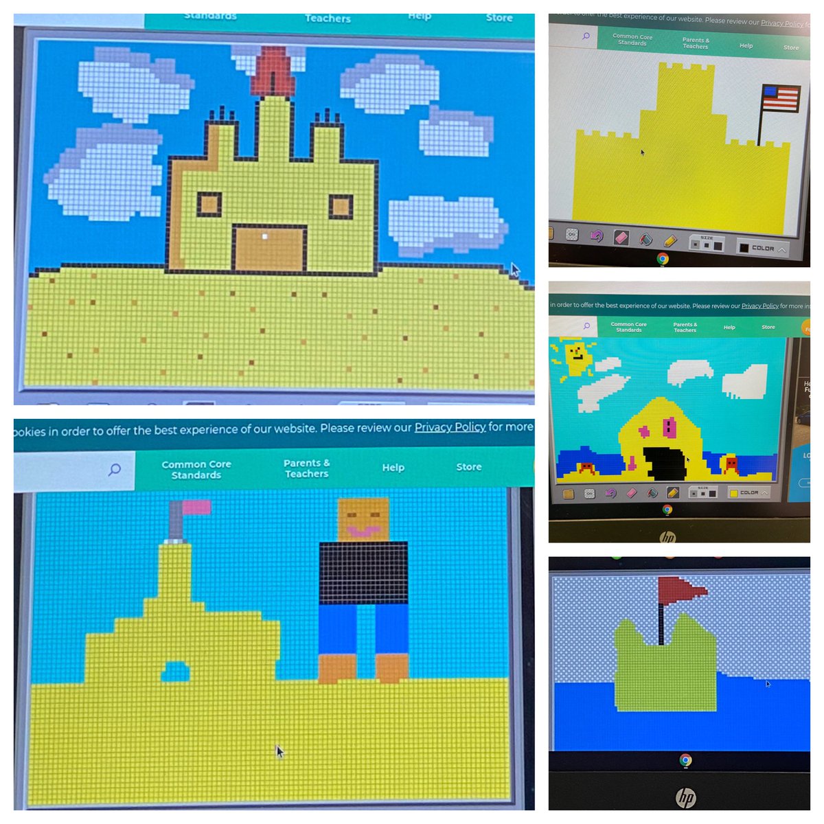 Tara70985496's tweet photo. “How to Code a Sandcastle” pixel art!! Grades 3-5 have shown perseverance to complete these sandcastles! #coding #pixelart #howtocodeasandcastle https://t.co/E6xbtzzoMP