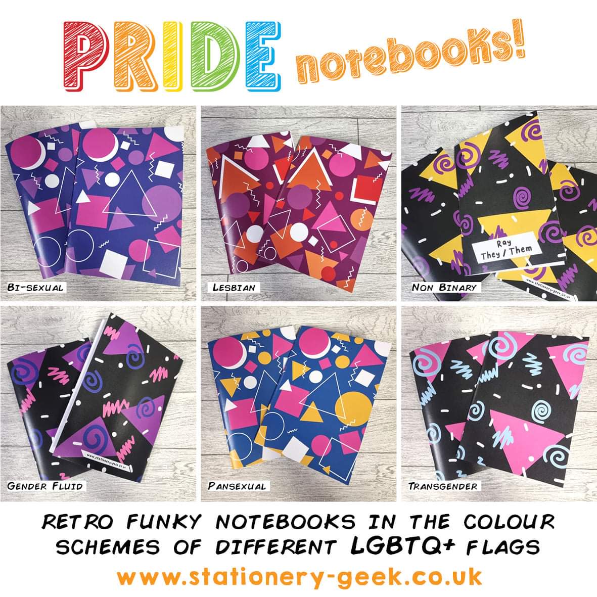 Stationery_Geek's tweet photo. Okay so let's have a little chat about our new Pride notebooks. 

They sparked from a conversation I had with our amazing resident graphic designer Bob (she/her), about how much we love the patterns classic bowling alley/arcade carpets... https://t.co/dojcxQOSMM