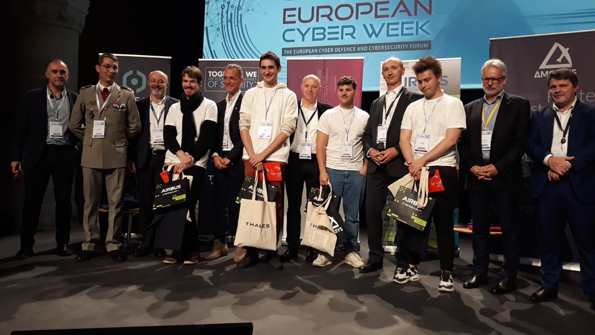 ComcyberFR's tweet photo. 🏆 Remise des prix du CTF 🏆de @EUCyberWeek organisé avec @thalessecurity @Amossys @diateam_labs @AirbusCyber @regionbretagne et le COMCYBER.
Félicitations à l'équipe de @EsnaBretagne qui décroche la 1ère place ! 👏🏻 https://t.co/FvrNIpSYys