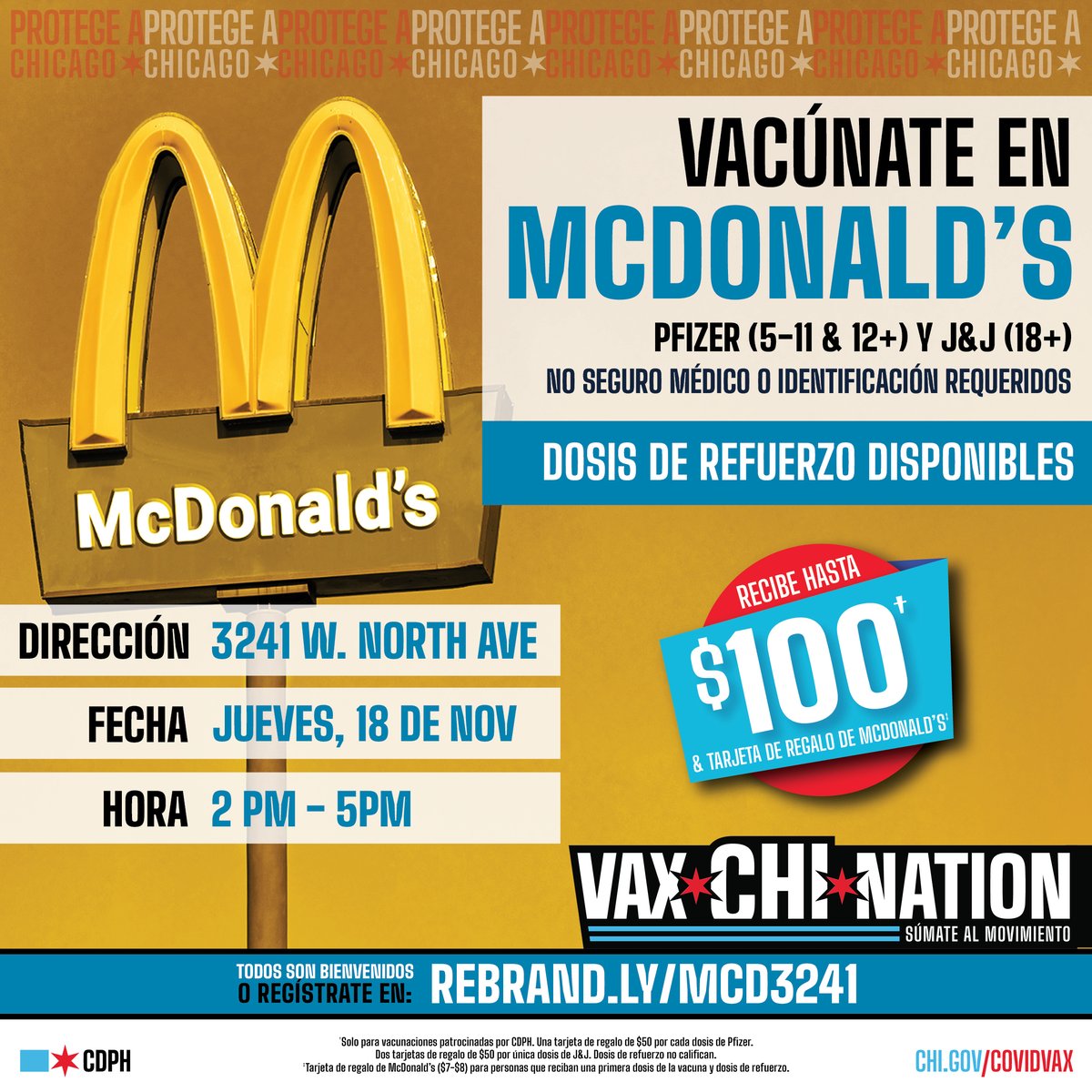 ChiPublicHealth's tweet photo. TOMORROW: Get yourself and your family (5y+) vaccinated at the McDonald's in Logan Square (3241 W. North Ave) From 2-5 pm!

No insurance or ID is required, and everyone receiving first doses will get up to $100 dollars in Visa gift cards.

More info at https://t.co/CaEaU8sAu7. https://t.co/3Xv5VEdspO
