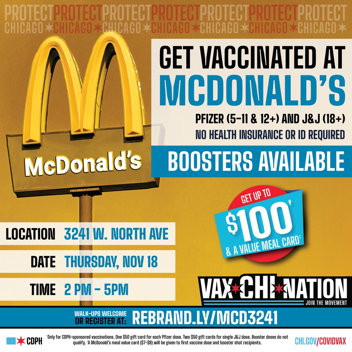 ChiPublicHealth's tweet photo. TOMORROW: Get yourself and your family (5y+) vaccinated at the McDonald's in Logan Square (3241 W. North Ave) From 2-5 pm!

No insurance or ID is required, and everyone receiving first doses will get up to $100 dollars in Visa gift cards.

More info at https://t.co/CaEaU8sAu7. https://t.co/3Xv5VEdspO