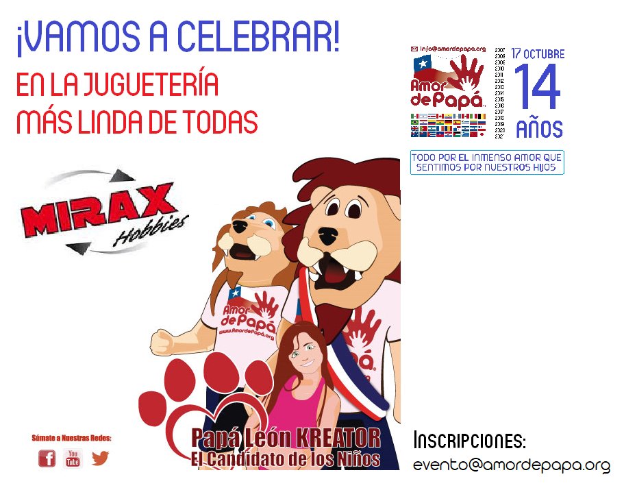 AmordePapa's tweet photo. LES ESPERAMOS en la juguetería MÁS LINDA DE TODAS: @miraxhobbies Entregaremos los premios de nuestro concurso, celebraremos los 14 años de @AmordePapa  y PAPÁ LEÓN KREATOR y su hijito HAMZA se sacarán todas las fotos que quieras. Infórmate: evento@amordepapa.org
¡VAMOS CON TODO! https://t.co/TcnUxS68XD