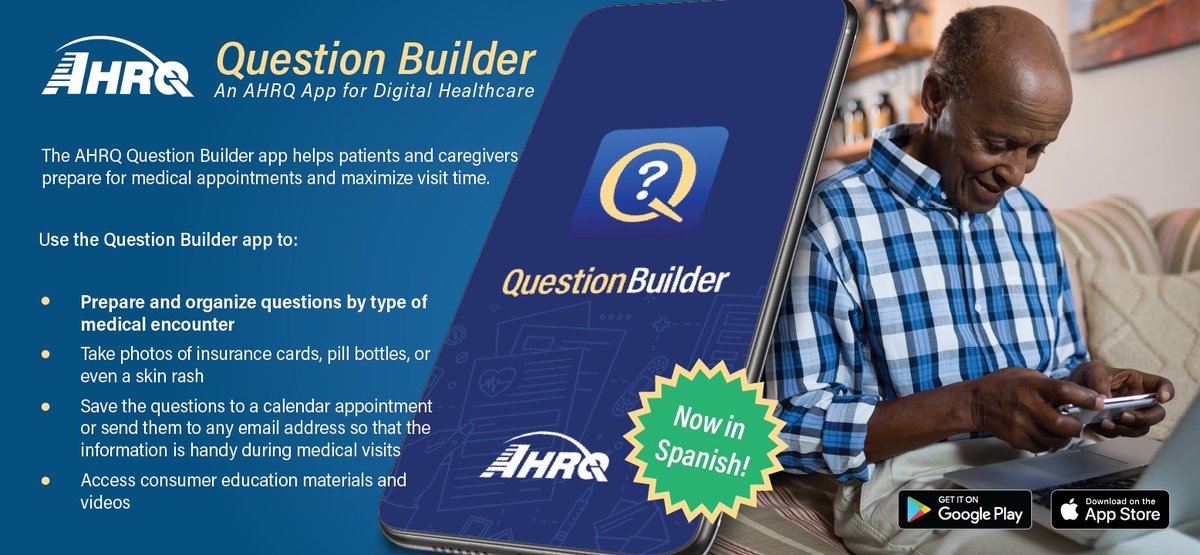 AHRQGov's tweet photo. AHRQ's #QuestionBuilder in Spanish helps Latino patients get the most out of their in-person or telehealth medical appointments. Available free on the Apple App Store & Google Play. Download it this #ADM2021 https://t.co/wLYSRwMjOO https://t.co/cg1f4aBS0f