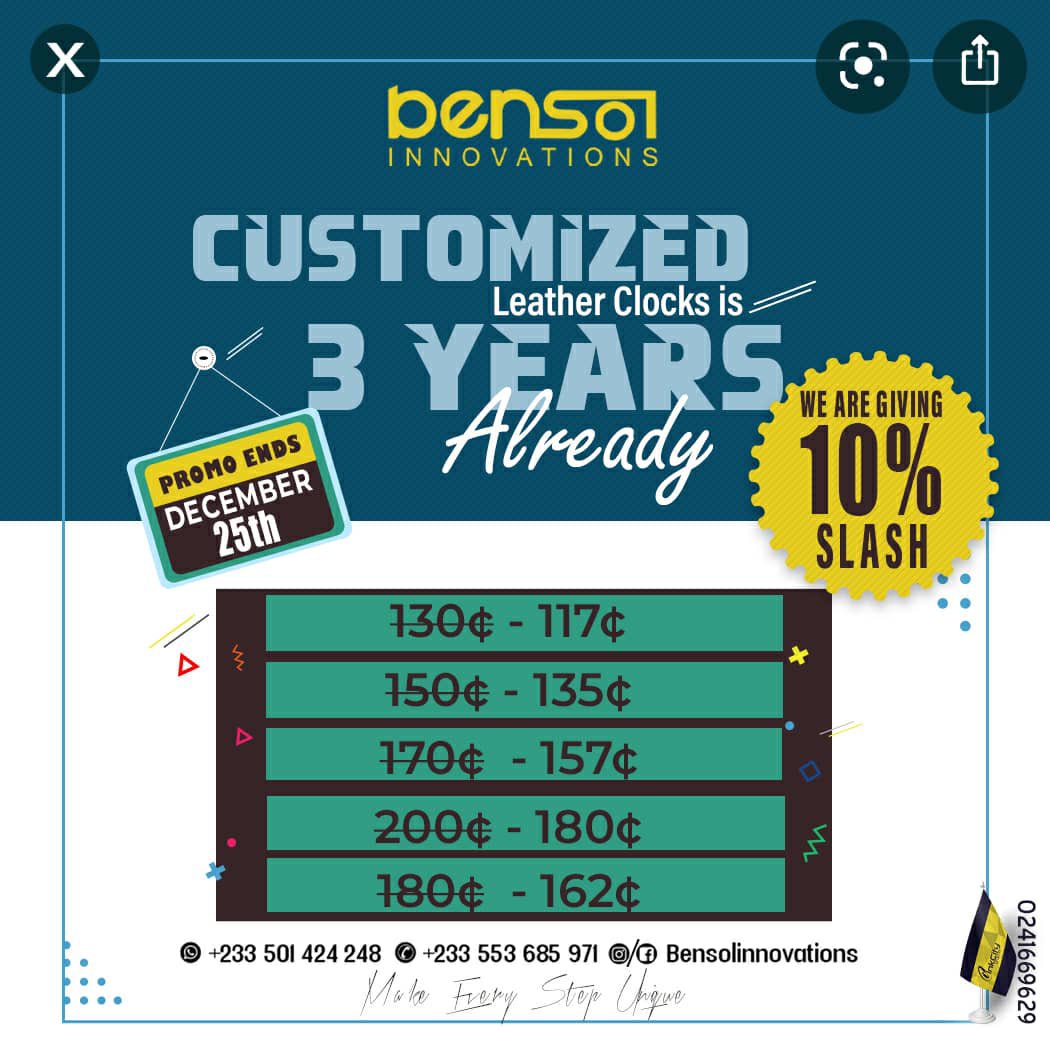 audadious's tweet photo. We coming to you this #christmas with more exciting deals. Choose your choice promo🤩 from Bensol shoes and innovations. Grab your #customized leather clock before 25th of Bronya 🎄🎅 .   ☎️ 0501424248 and place your order 👌🏽⏰⏱🕰   Tick Tock Tick Tock https://t.co/8aj7h2GGZF
