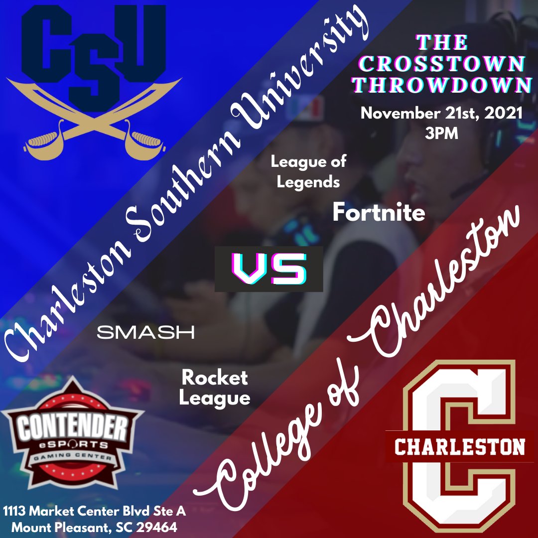 CofcEsports's tweet photo. Do you live in the Charleston area? Never been to an esports event before? Come out and support the Cougar Cabal at Contender Esports, and show off your skills! https://t.co/BB67dhuBSO