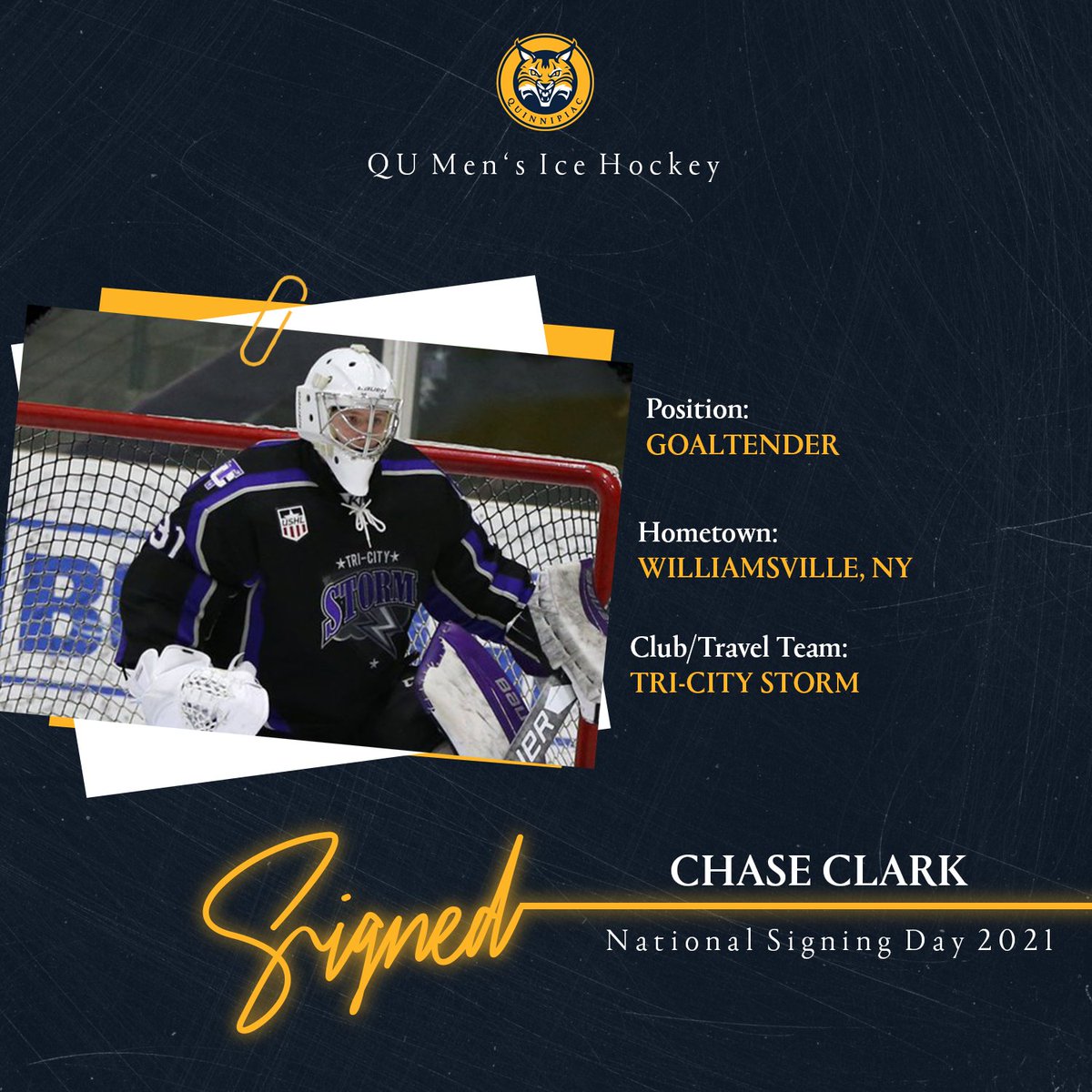 QU_MIH's tweet image. Our next addition will join our group between the pipes.. Welcome Chase Clark from the Tri-City Storm and Williamsville, NY!

#QuinnipiacCulture #BobcatNation
