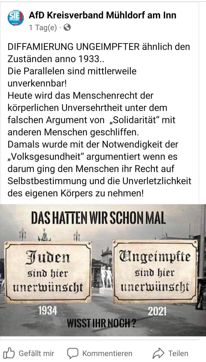 AStaroselski's tweet photo. #AfNee noch Fragen?! Ekelhafte Shoa-Relativierung & -Verharmlosung durch einen #noAfD Kreisverband. Hier wird versucht die Corona-Maßnahmen mit dem mörderischen #Antisemitismus d. Nazis zu vergleichen. FYI Dieses Gedankengut ist in unseren Parlamenten vertreten. Unwählbar! https://t.co/HfaqeqZzwA