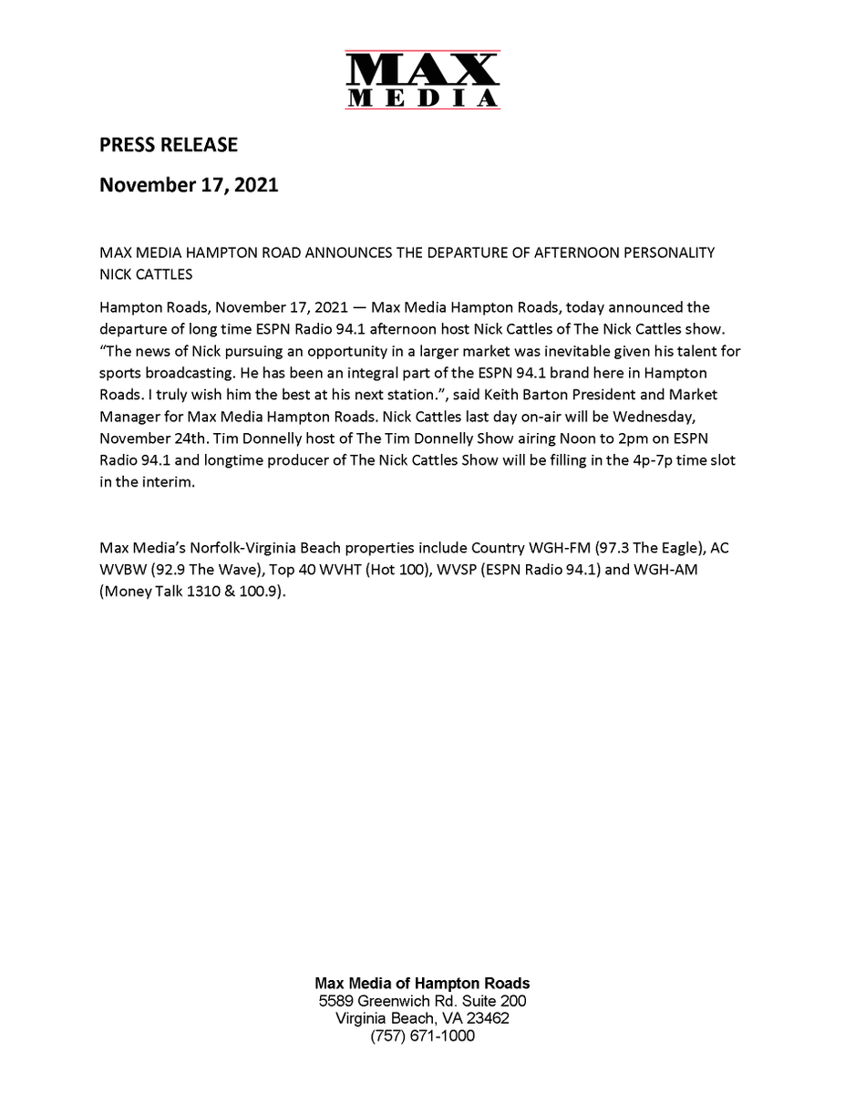 FOR RELEASE: Max Media #HRVA Announces The Departure Of Afternoon Personality <a href="/NickCRadio/">Nick Cattles</a>

#VARTV