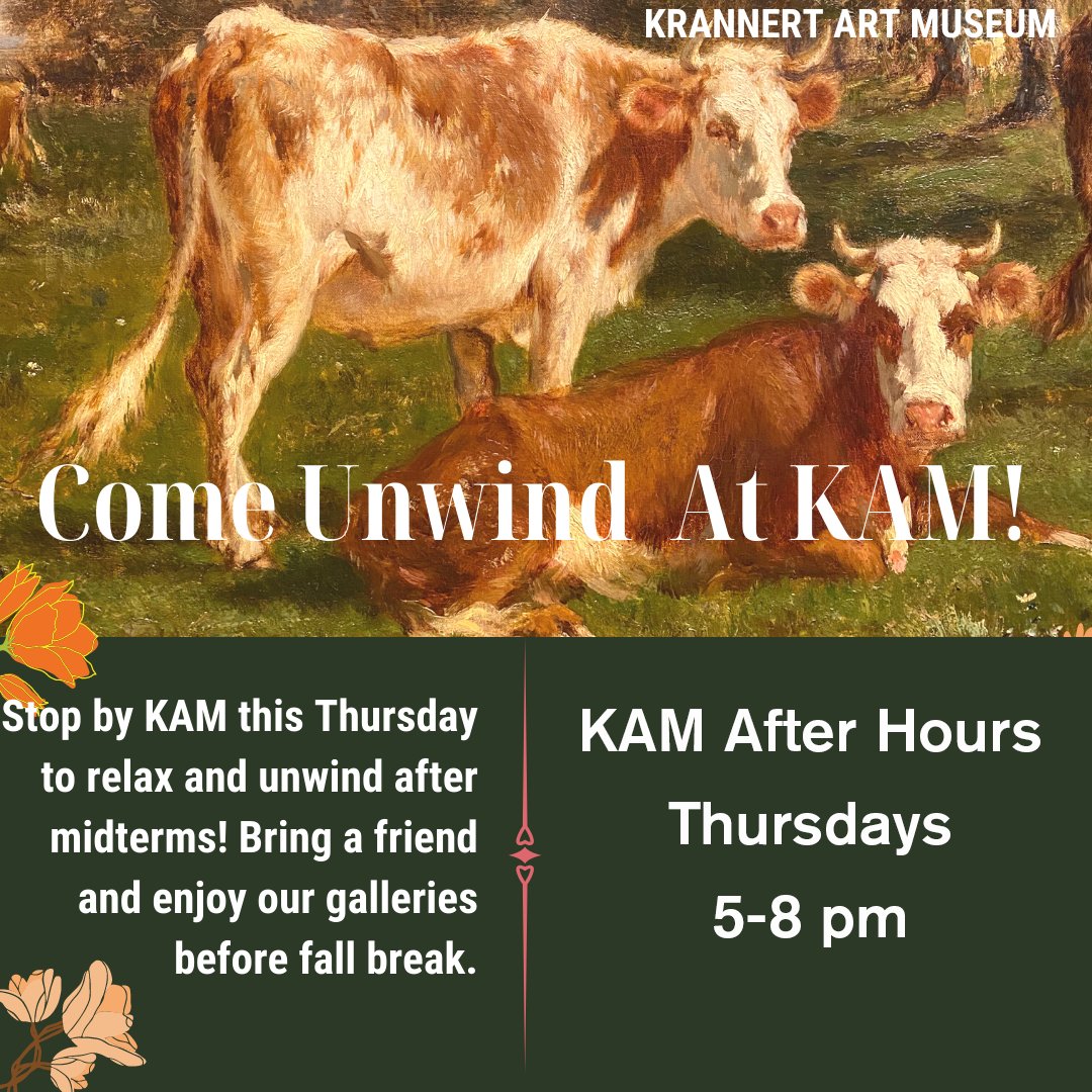 KAMillinois's tweet photo. Need a break from the stress of mid-terms and projects? This Thursday's KAM After Hours is focused on quiet. Come by on your own or with a friend, unplug and unwind with art. Admission is always free.
(Don't these cows look relaxed? Visit their painting in the Trees Gallery.) https://t.co/vX7Y9eXiSh
