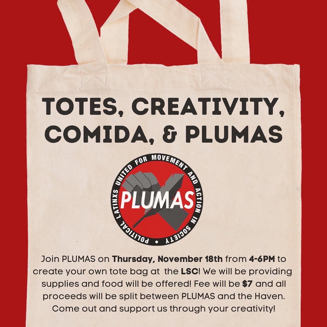 plumas_at_uva's tweet photo. Join PLUMAS this Thursday, November 18th from 4-6pm in the Latinx Student Center (LSC) for our tote bag fundraiser! Do you want a tote bag with the PLUMAS logo or other fun designs? You’ll be able to print designs or make a stencil and paint on your own design!🎨 https://t.co/5sOR23SQPb