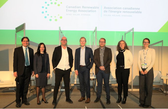 A panel of industry experts presented their thoughts on CanREA’s new 2050 Vision at the #ElectricityTransformation Canada conference, from left to right: Robert Hornung, CanREA President and CEO; Michelle Chislett, CanREA Board Chair and Managing Director of Canada and US Development, Northland Power; Dan Balaban, Chief Executive Officer, Greengate Power; Brendan Costigan, Director, Power & Utilities Investment Banking, National Bank of Canada; Patrick Taylor, Principal Program Manager, Microsoft; Tonja Leach, Executive Director, QUEST Canada; and, Isabelle Turcotte, Director of Federal Policy, Pembina Institute.