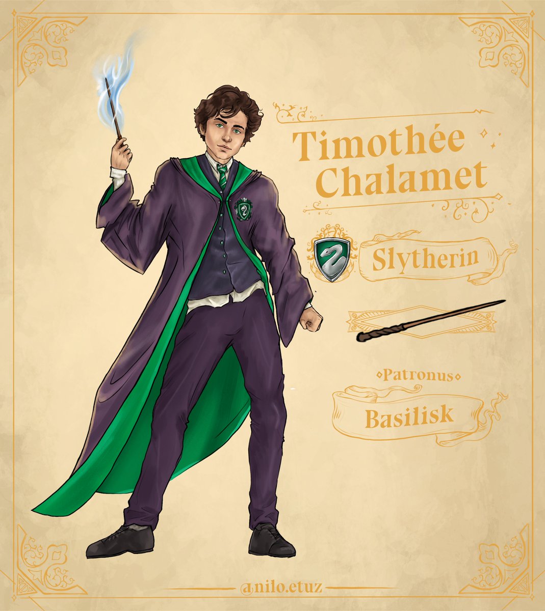 NiloEtuz's tweet photo. This is Timothée Chalamet's info sheet on Wizarding World.
I put these four infos
Name
House
Wand
Patronus
Anything else?
#timothéechalamet #harrypotter #danielradcliffe #slytherin #emmawatson #potterhead #magicillustrator #wizardingworld #fanart #harrypottercomission #comission https://t.co/WDSleItxCI