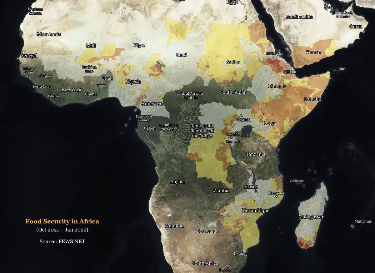 akukoio's tweet photo. #30DayMapChallenge Day 17 Land:  Land is one factor that contributes to the complex issue of food security.  Map showing the near term food security status in Africa as monitored by @usaid's @FEWSNET https://t.co/3lLWzRA2KZ https://t.co/cWtNmfoybC