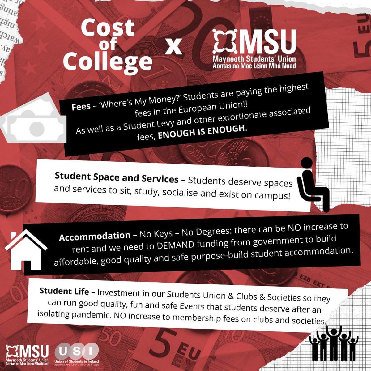 I'm supporting the #costofcollege campaign because of the lack of affordable accomodation for students aswell as no supports being available for students #FuckTheFees @TheUSI <a href="/maynoothsu/">Maynooth Students' Union (MSU)</a>