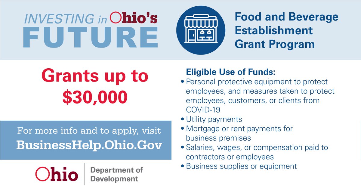 OhioDevelopment's tweet photo. How can an #InvestingInOhiosFuture grant help your Food and Beverage establishment? 
Find eligible use of funds in the list below and find more info at https://t.co/dYtl6DSmEM
#OhioSmallBusiness #OhioRestaurants https://t.co/CgTaHlpT2g
