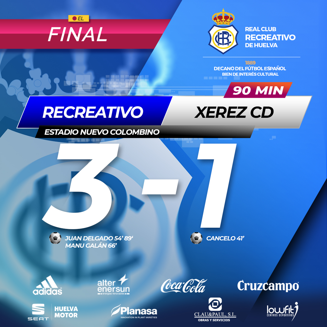 recreoficial's tweet photo. 90'⏱️ |3-1| ¡FINAAAAAAAL! ¡VICTORIA! Remontada del Decano para que tres puntos importantísimos se queden en Huelva.

¡VAMOS! 💪💪

#RecreXerez
#EstamosAquiYVamosALuchar 
#TodosAUna https://t.co/W5bdck71jZ