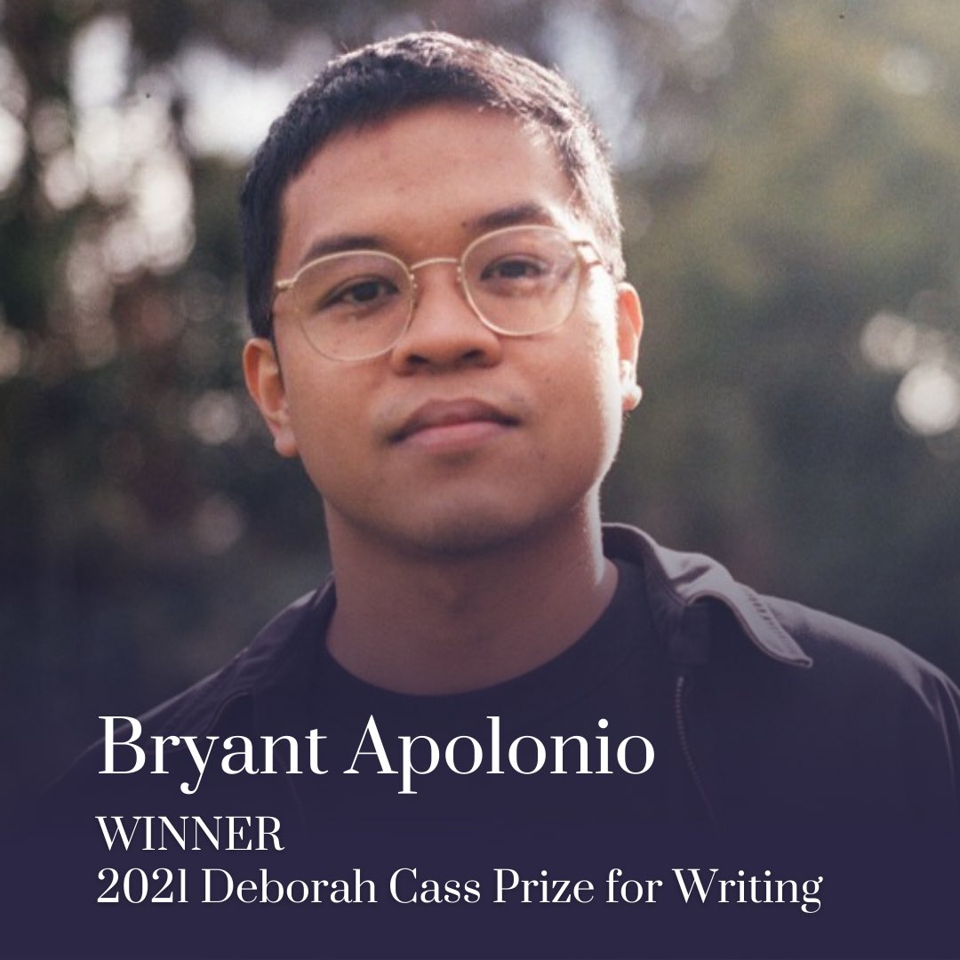 Writers_Vic's tweet photo. Congratulations to Bryant Apolonio, winner of the 2021 Deborah Cass Prize for Writing! @PrizeCass https://t.co/Y0W6kseFsA