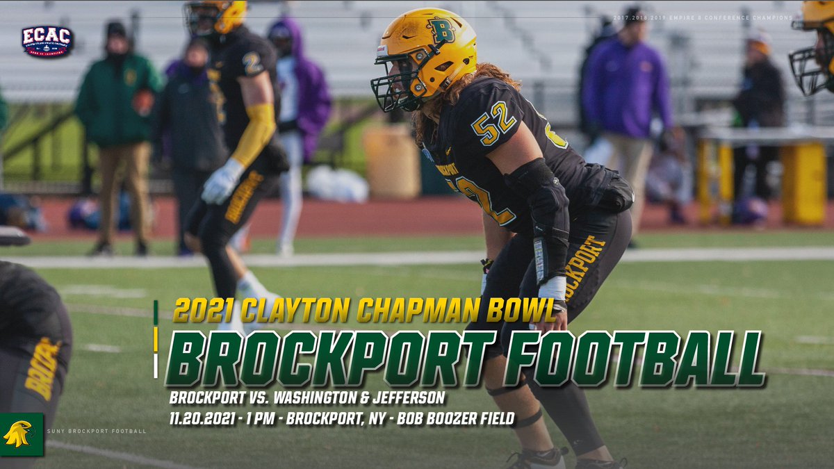 BportAthletics's tweet photo. ℂ𝕝𝕒𝕪𝕥𝕠𝕟 ℂ𝕙𝕒𝕡𝕞𝕒𝕟 𝔹𝕠𝕨𝕝 𝔾𝕒𝕞𝕖

Brockport vs. Washington &amp; Jefferson
Saturday | 1pm | Brockport, NY

📰: https://t.co/4OvXoJPHZQ

#UndefeatedEffort | @BPort_Football | #d3fb https://t.co/8kTIr2jlie