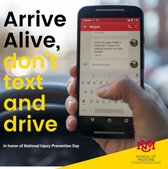 PrcUnm's tweet photo. In 2019, 3,142 died in the US due to distracted driving. That’s about 9 people a day. #BeInjuryFree #nmtrue #donttextanddrive #arrivealive #UNM #UNMHSC #UNMpreventionresearchcenter https://t.co/2LAXVMhmmG