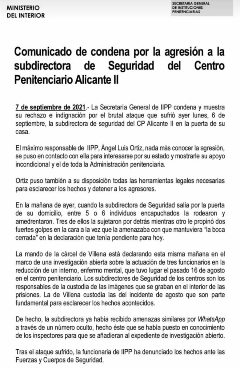 solidaridad_esp's tweet photo. Detenida la subdirectora de la prisión de Villena por denuncia falsa.

Marlaska e @IIPPGob son culpables de criminalizar, organizada y premeditadamente, a los funcionarios de prisiones.

Exigimos dimisiones.

#sosprisiones https://t.co/0XuXmj9Xe5