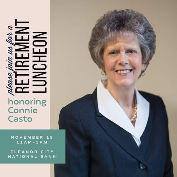 BankAtCity's tweet photo. Please join us for a retirement luncheon in honor of Connie Casto, manager of our Eleanor WV branch. Stop by between 11am-1pm on Thursday, November 18th to congratulate Connie on her 50 years of service and wish her well as she embarks on her next chapter!  
 
#CityNationalBank https://t.co/iy1nkHjchO