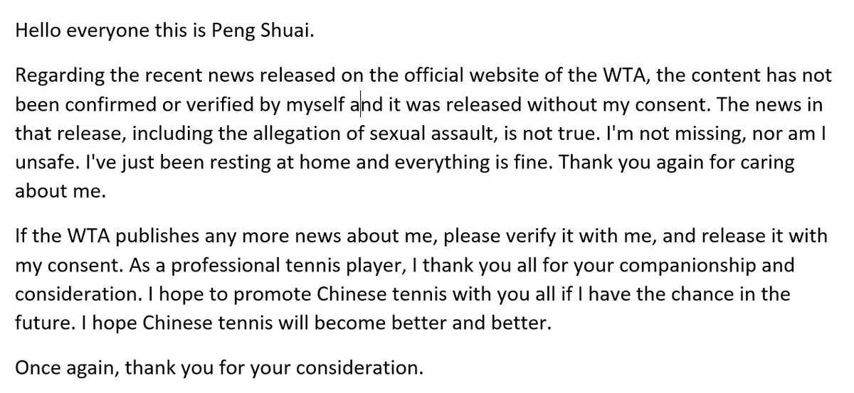 BenoitMaylin's tweet photo. 🤥Le bobard du jour!
CGTN, chaîne d'État chinoise publie un mail de Peng Shuai⬇️
«Je ne suis ni disparue ni en danger. J'étais au repos chez moi, tout va bien. Les informations concernant l'agression sexuelle sont fausses.»
On se fout de nous! Debout! Tous! NOW!
#WhereIsPengShuai https://t.co/1q6HMuk2wN