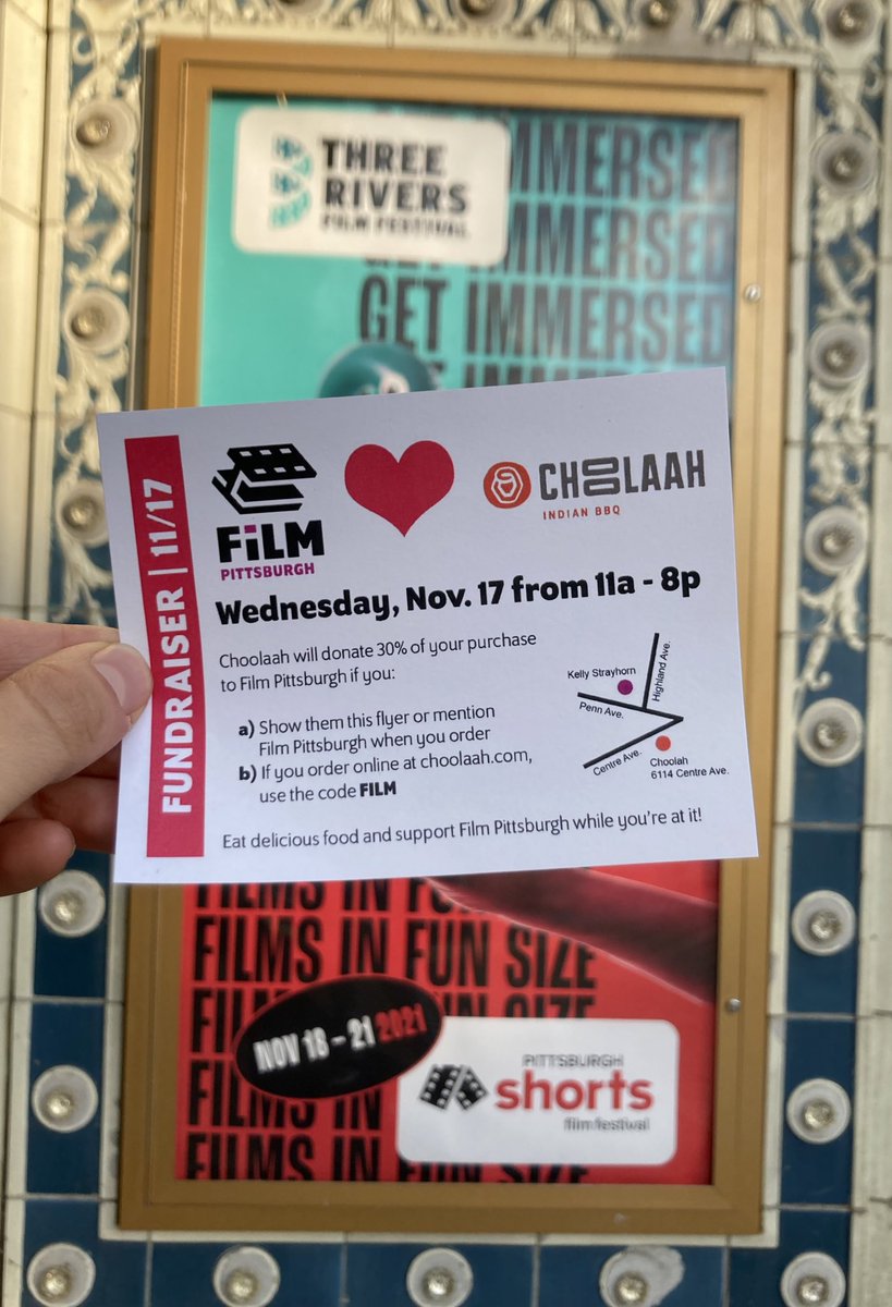 FUNDRAISER! Eat at Choolah in East Liberty and mention our name OR order online using code FILM and 30% of your order will be donated to us. 🥰