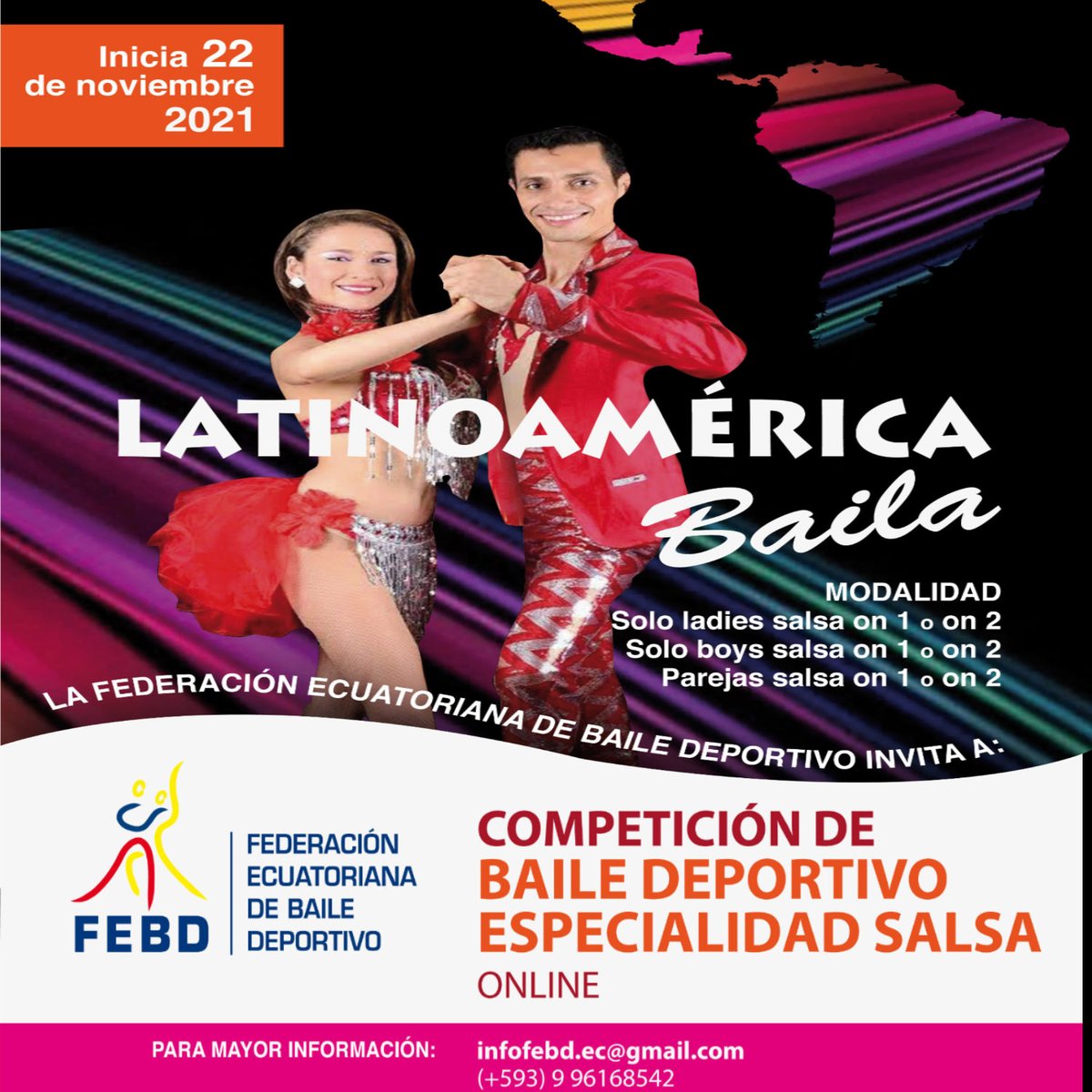 Femexbaile's tweet photo. La Federación Ecuatoriana de Baile Deportivo invita a concursar en la disciplina de Salsa con modalidad online. 
Iniciando el próximo 22 de Noviembre
#femexbaile #salsa2021 #febd https://t.co/h4P6zcBjta