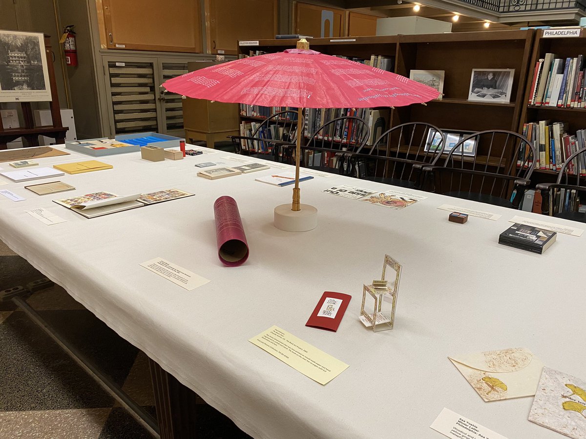 PIX_FLP's tweet photo. We pulled out Robert Louis Stevenson’s The Philosophy of Umbrellas by Richard Minsky for a visiting class from @MooreCollegeArt - and finally figured out how to display it! @LuxMentis @masterbinder https://t.co/cFBeXJMKNv