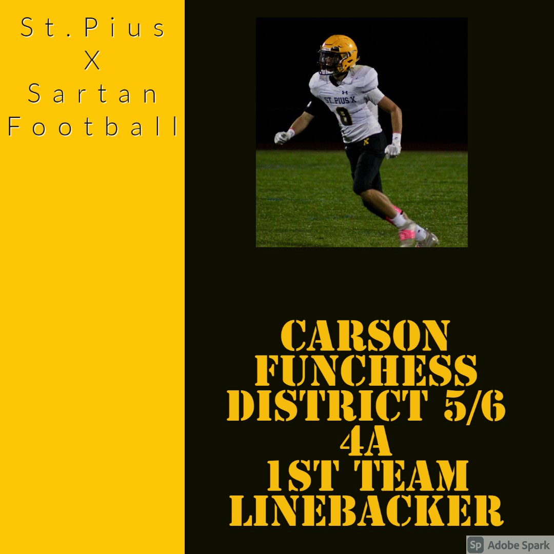 Sartan_football's tweet photo. Congratulations to Carson Funchess earning 1st team all district at Linebacker. Carson had 93 tackles on the year and was a sideline to sideline force on defense for St. Pius. #sartanfootball #sonsofx https://t.co/O490R2qznC