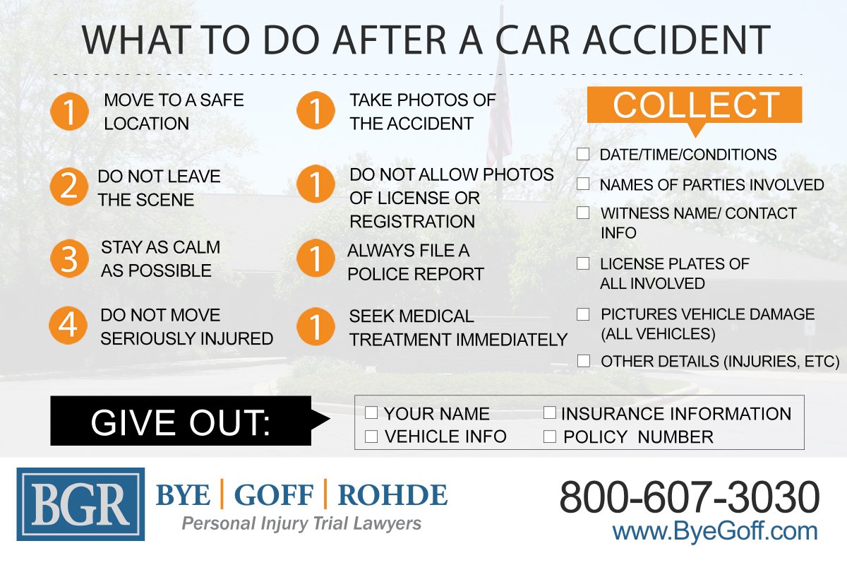 The checklist below will help protect you in the aftermath of an accident. Visit our blog to download a checklist to keep in your vehicle and learn more about what to do and not to do. byegoff.com/what-to-do-aft…