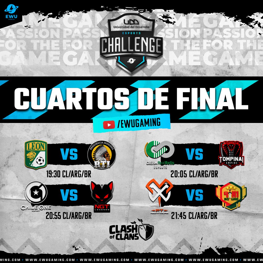 EWUGamingMobile's tweet photo. 🔊Te dejamos los clanes que darán guerra en 4tos de los ⚡️UDD eSports Challenge⚡️hoy desde las 19h.
🎙A cargo del mambo estará el gran 🔥@Sockers_ 🔥y lo veras todo por nuestro canal de YouTube ⚡️EWU Gaming⚡️

#UDD #ClashOfClans #eSports #EWUGaming https://t.co/8BH8KWj56R