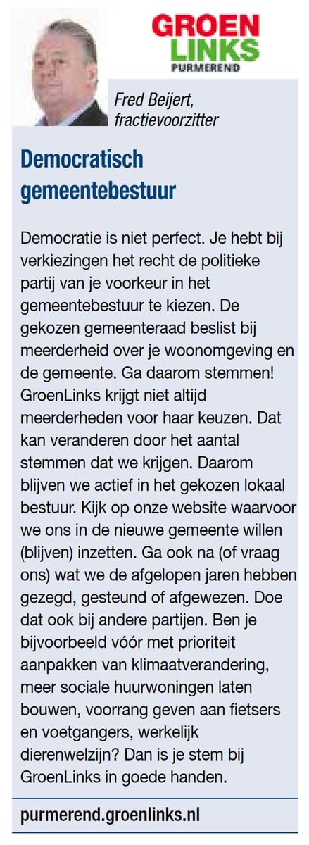 GL_Purmerend's tweet photo. Het is weer tijd voor onze maandelijkse reactie uit de fractie. 

Volgende week zijn er in een aantal gemeenten, waaronder #Purmerend en #Beemster, #gemeenteraadsverkiezingen. Onze fractievoorzitter, Fred Beijert roept Purmerenders en Beemsterlingen daarom op om te gaan #stemmen. https://t.co/54oMAjLtGB