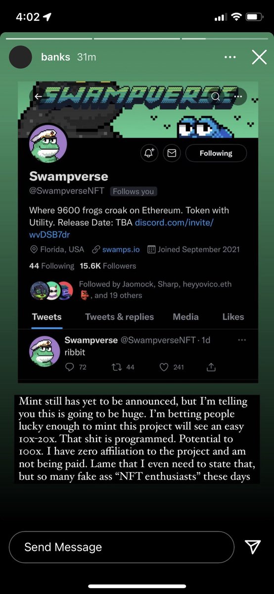 swampgebo's tweet photo. !VIBE ๐ฏ๐คฉ #bluechipbound #swampverseNFT @SwampverseNFT https://t.co/G5suGsGWRk