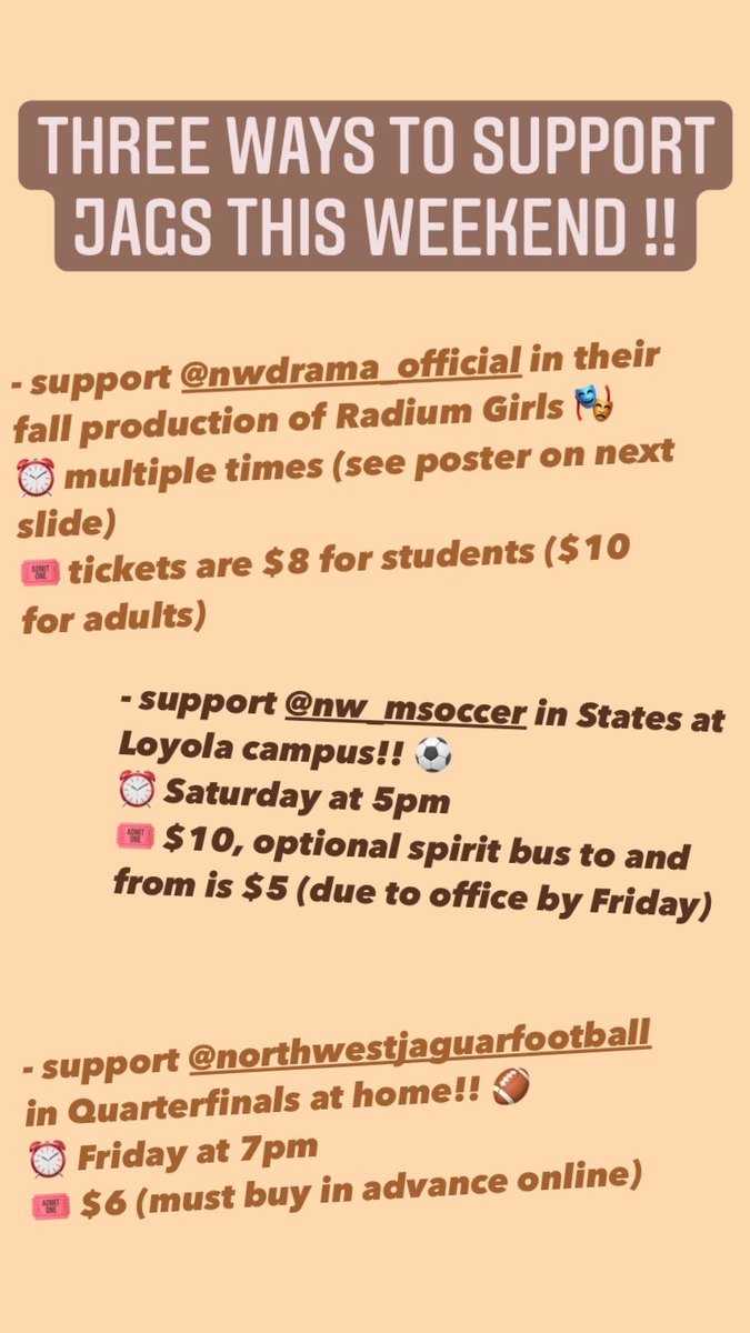 super exciting upcoming weekend for our Jaguars :) good luck and congrats to our Drama club, Soccer team and Football team!! 🎭⚽️🏈