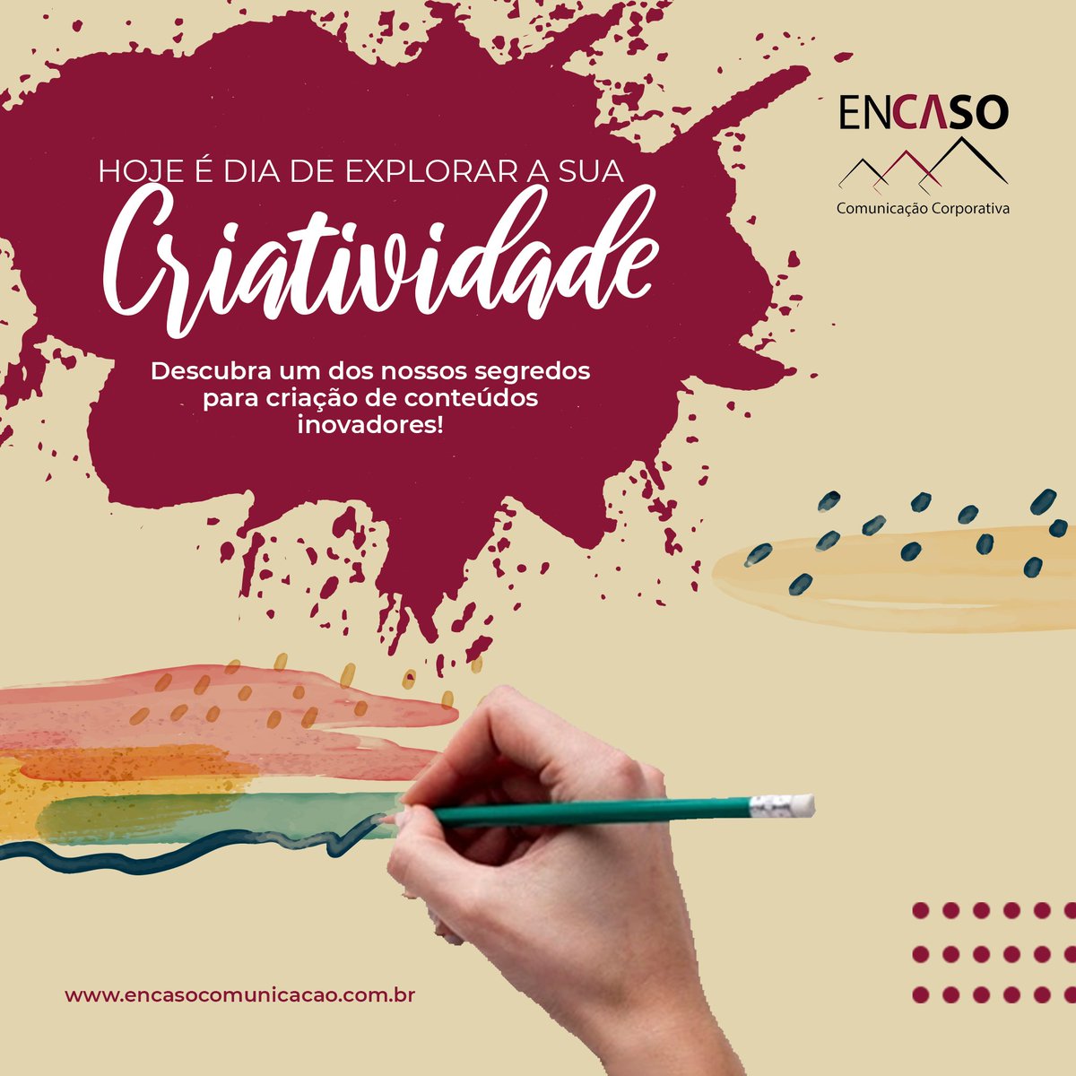 EncasoOficial's tweet photo. HOJE É O DIA DA CRIATIVIDADE! Você sabia que esta habilidade é essencial para quem trabalha com comunicação? É a skill mais utilizada no nosso trabalho, seja para escrever um conteúdo ou mesmo para criar uma arte que atraia a atenção e traduza no visual a mensagem necessária. https://t.co/NFwuMzUyXS