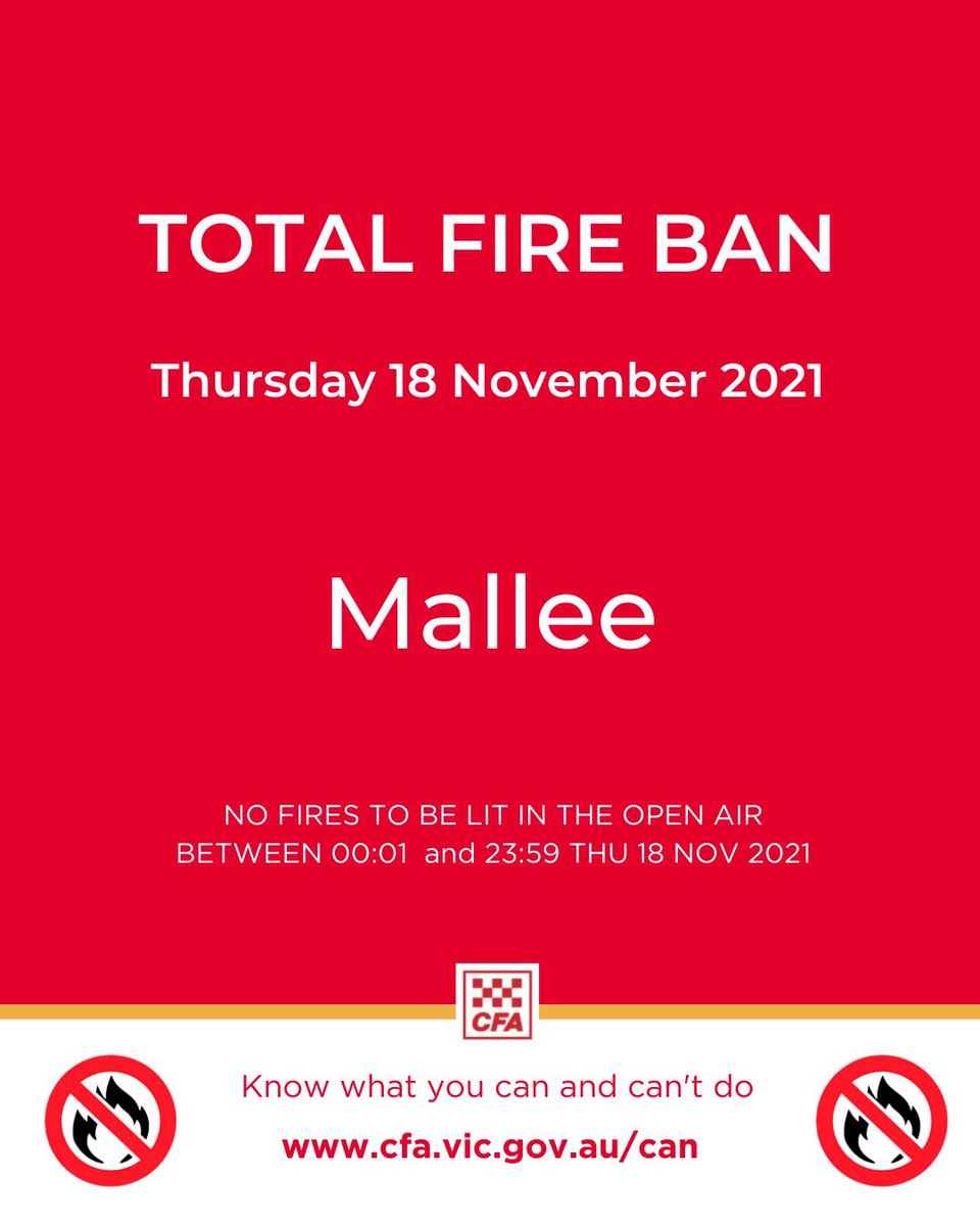 CFANorthWestDCO's tweet photo. Our first total fire ban of the season. Be safe today everyone and be aware or your surroundings it’s likely that fires this afternoon will spread quickly #TFB #totalfireban https://t.co/gOTzfFn7zc