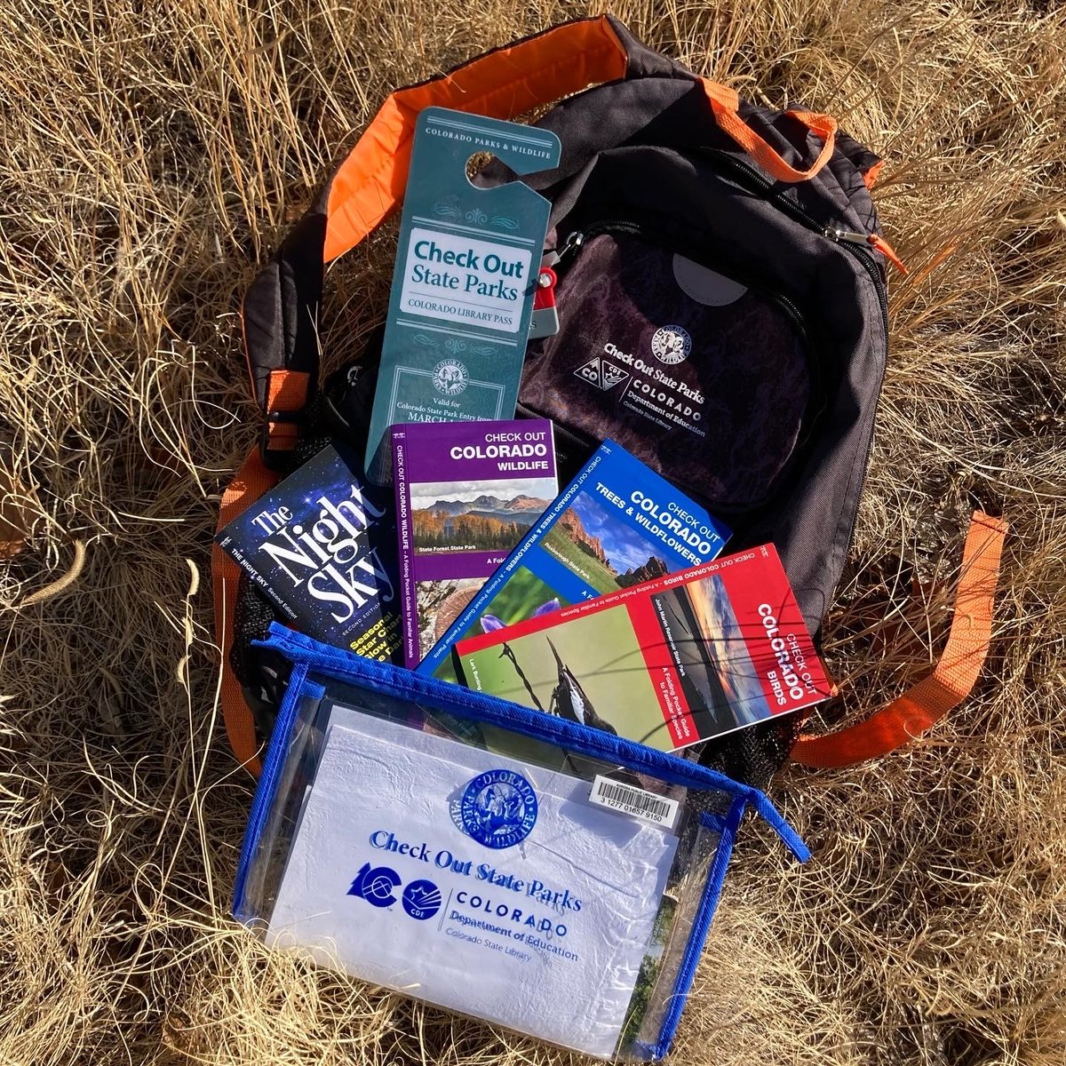 AuroraLibraryCO's tweet photo. Celebrate #NationalHikingDay by checking out state parks for free! 🎒🥾🏔️ Place a hold on a Check Out State Parks backpack at https://t.co/PvX4JVrrDJ. You'll receive a 7-day parks pass, nature guides &amp; more! #CheckOutColorado with @COParksWildlife, @COStateLibrary &amp; your library! https://t.co/EWCT1SnUMj