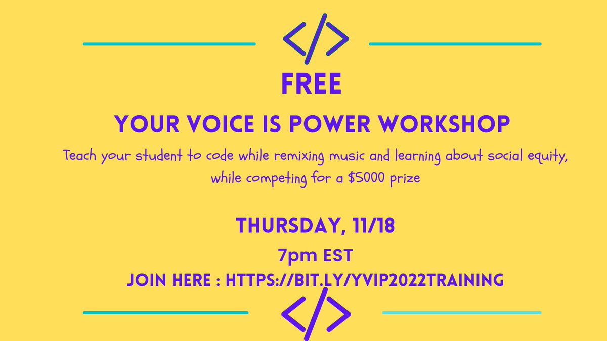EarSketch's tweet photo. Free workshop, Thurs. 11/18 - Learn about the Your Voice is Power Curriculum and #EarSketch #Competition. Get a sneak peak into our 2022 artists . Make #Beats, Learn #Code, Promote #Equity. No reg. required - Join here: https://t.co/IVb84bR3pb #remixyourcode @csteachersorg https://t.co/XLXIvLbVM4