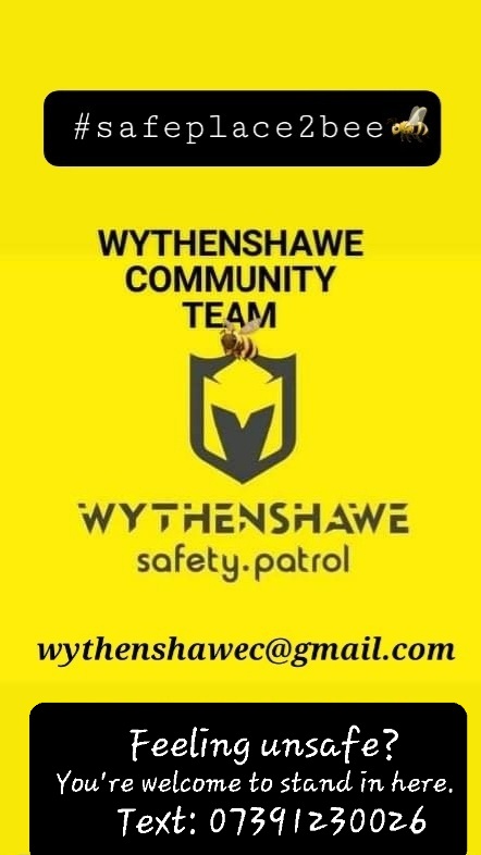 WythenshaweTeam's tweet photo. There's been a bit of a change BUT THIS Poster is the one you look out for if you need a #safeplace2bee🐝 
If you're walking alone and feel unsafe this means you can stand inside Keeping #Wythenshawe  a #safeplace2bee🐝 https://t.co/MsttaHpZM0