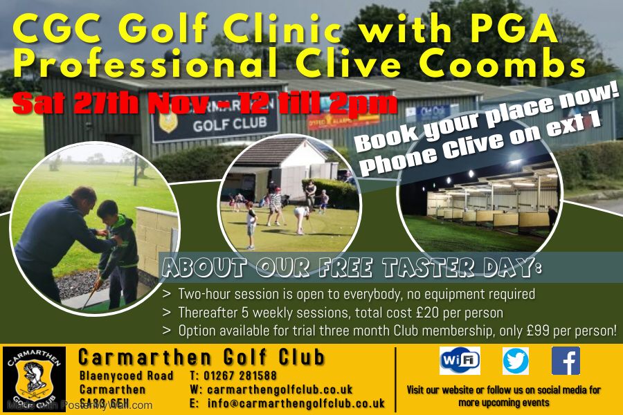 We've had a great response so far to our Taster session being run by our professional, <a href="/CliveGolf/">Clive Coombs Golf Services</a> Coombs on Saturday 27th November (12pm - 2pm) <a href="/CarmarthenGC/">Carmarthen Golf Club & Driving Range</a>

Free, no clubs required &amp; no obligation. Juniors  welcome👌

Ring 01267 281588, option 1 if you want further details👍