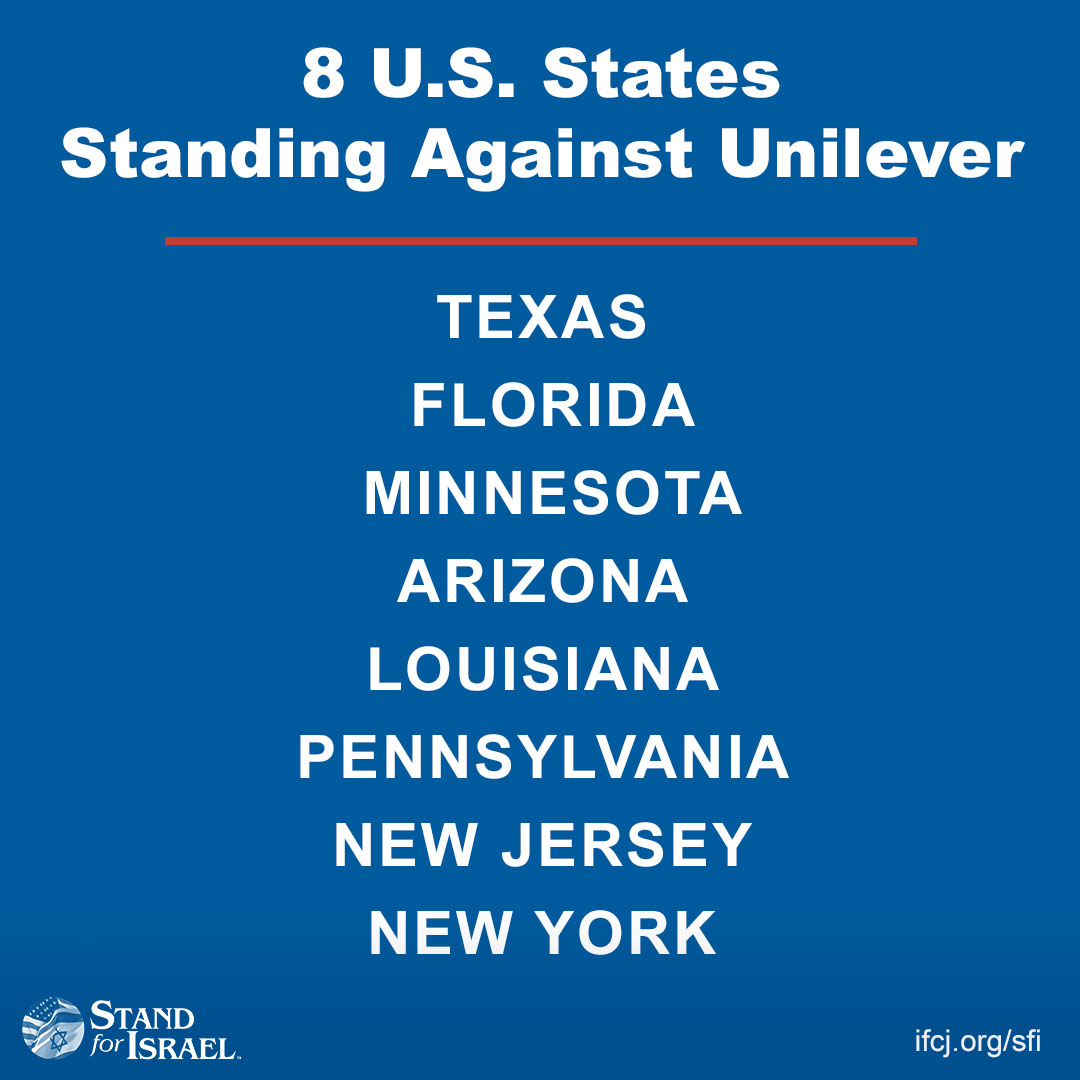 StandforIsrael's tweet photo. Ben &amp; Jerry's owner #Unilever is paying the price for their boycott against #Israel. Shout out to these 8 U.S. states who are showing their support for Israel and no longer doing business with Unilever. #BenAndJerrys https://t.co/xW7ZYF7heT