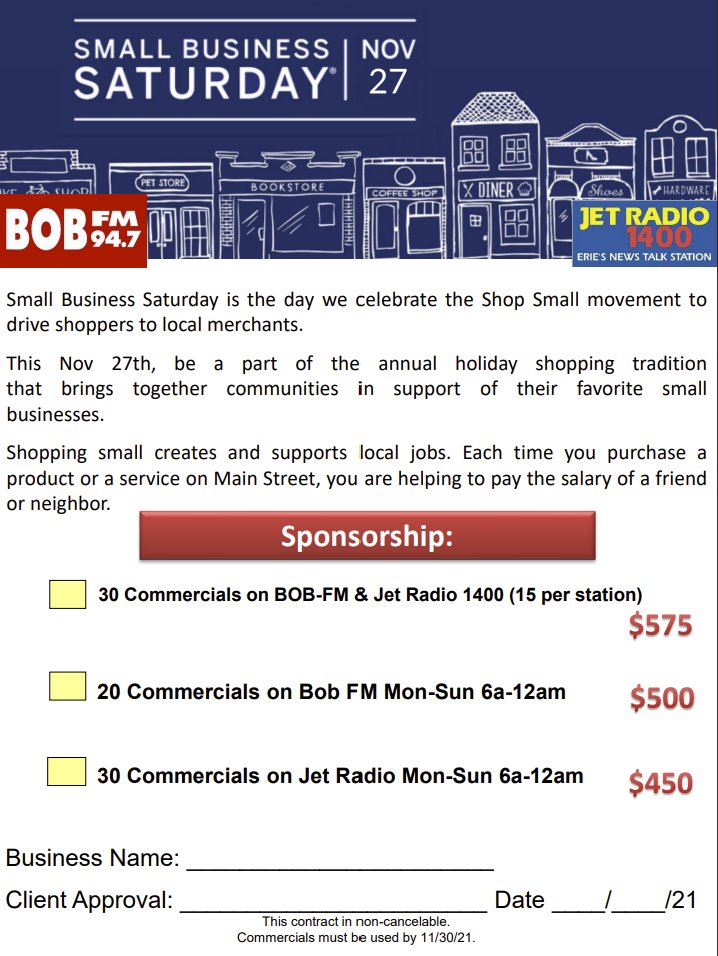 ihmBryanC's tweet photo. We love shopping local and Small Business Saturday is coming up, get ready! Your business can gain exposure whilst showing support for other local businesses! Reach out for more information about how your business can support! #local #shopsmall #erie #eriepa #smallbizsat @ERIDTN https://t.co/xdieRWWlZ5