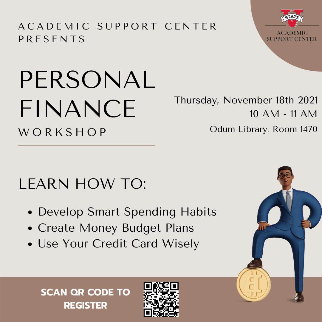VsuAsc's tweet photo. Learn to save money, and money will save you! Join us tomorrow, Thursday Nov. 18th @10am for our workshop on Personal Finance. VSU students can scan the QR to register, or register at https://t.co/JexHBHNnge https://t.co/WwP6YcSLxx