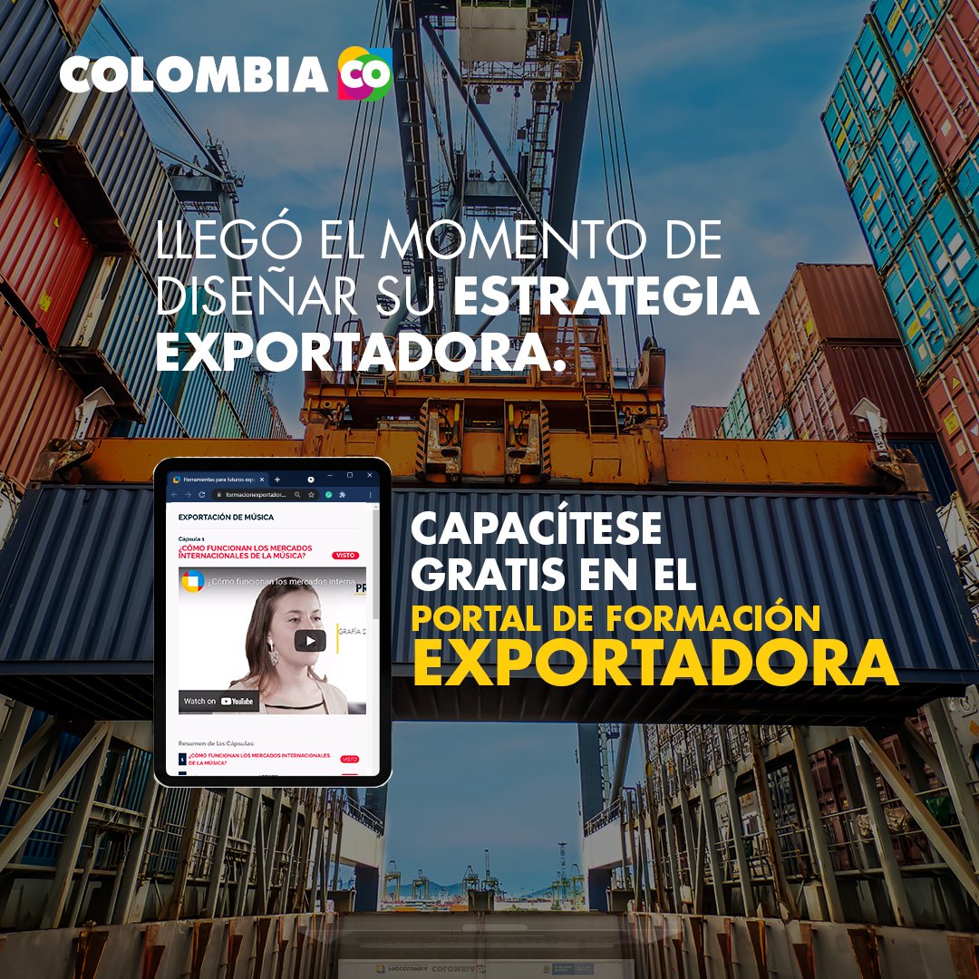 PROCOLOMBIACO's tweet photo. #AtrévaseaExportar | Convertirse en experto en estrategia de exportaciones, es posible con nuestro Portal de Formación Exportadora. Ingrese, regístrese gratis y comience a capacitarse aquí:  
https://t.co/FtLpN2HLr8 https://t.co/oVZ6Wadrnf