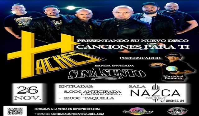 A las 22:30 h. ofrecemos una entrevista al grupo Haches, que el próximo día 26 presenta su primer disco, "Canciones para ti", en la sala <a href="/NazcaConciertos/">Sala Nazca Live Madrid</a> junto al grupo Sin Asunto. 107.5 FM (norte de Madrid ciudad) y radioenlace.org.