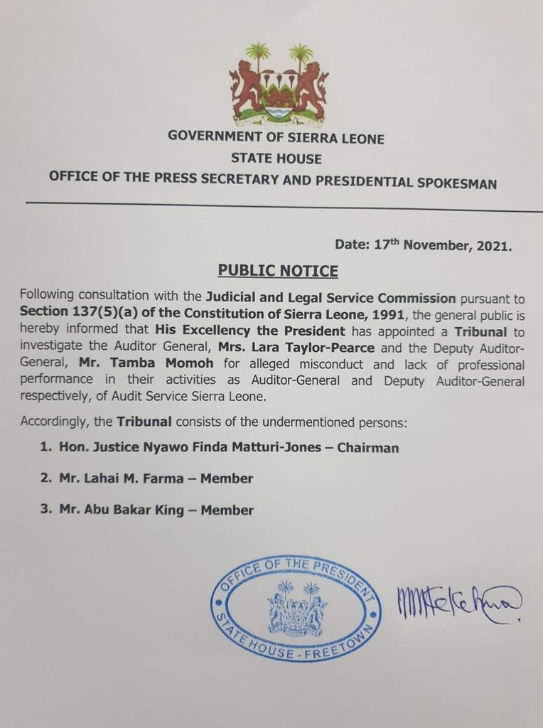 Amidst widespread condemnation for suspension of Auditor General, <a href="/LaraTPearce/">Lara</a> and her deputy, Tamba Momoh, <a href="/PresidentBio/">Barram</a> has empaneled a tribunal...What remains unclear is the life span of the newly constituted tribunal. <a href="/UNSierraLeone/">UN in Sierra Leone</a> <a href="/EUinSierraLeone/">EU in Sierra Leone</a> <a href="/sierraeyesalone/">SIERRAEYESALONE</a>