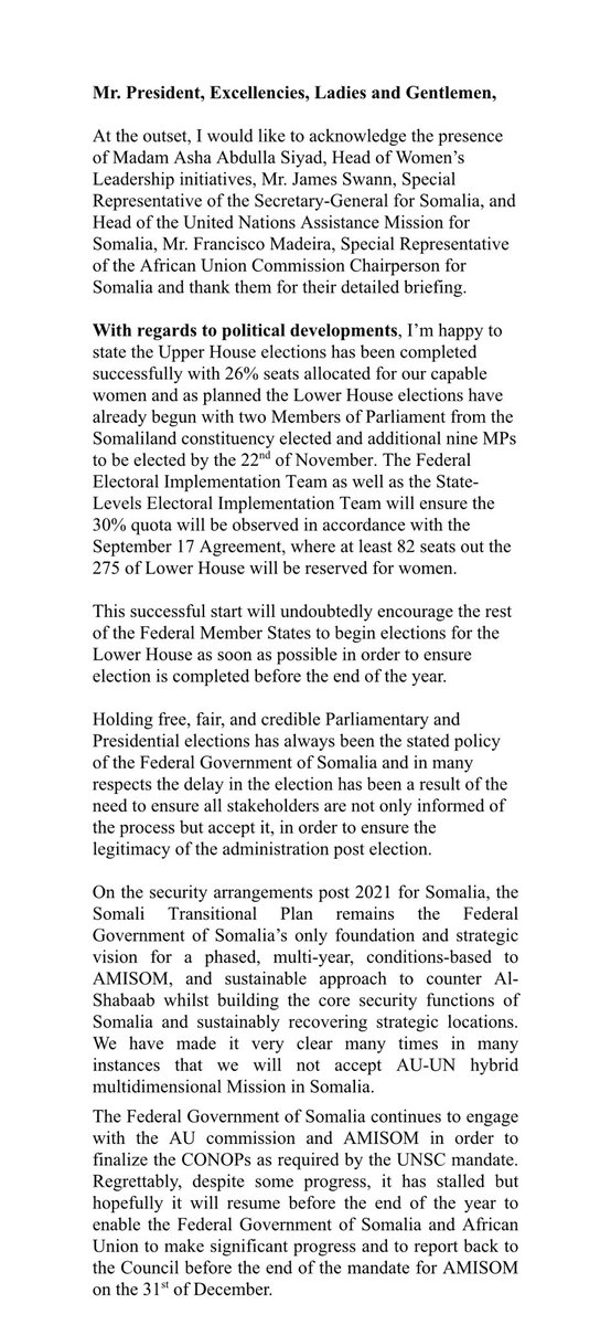 SomaliaatUN's tweet photo. Amb. Osman @AbukarOsman1 stressed today at the SC FGS’s position on the proposed AU-UN hybrid mission in post 2021 #Somalia security arrangements, “We have made it very clear many times in many instances that we will NOT accept AU-UN hybrid multidimensional Mission in Somalia” https://t.co/l1jOzadwhO